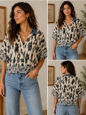 John Mark Top Abstract Ikat Mixed Print Viscose Rayon Boho Size Large